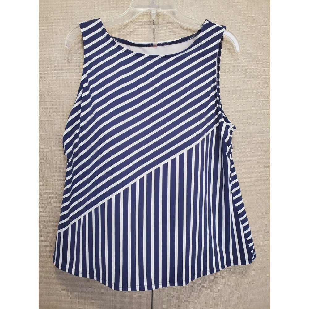 Land's End Blue Multi-Directional Stripe High Neck Tankini Swim Top Size 18W